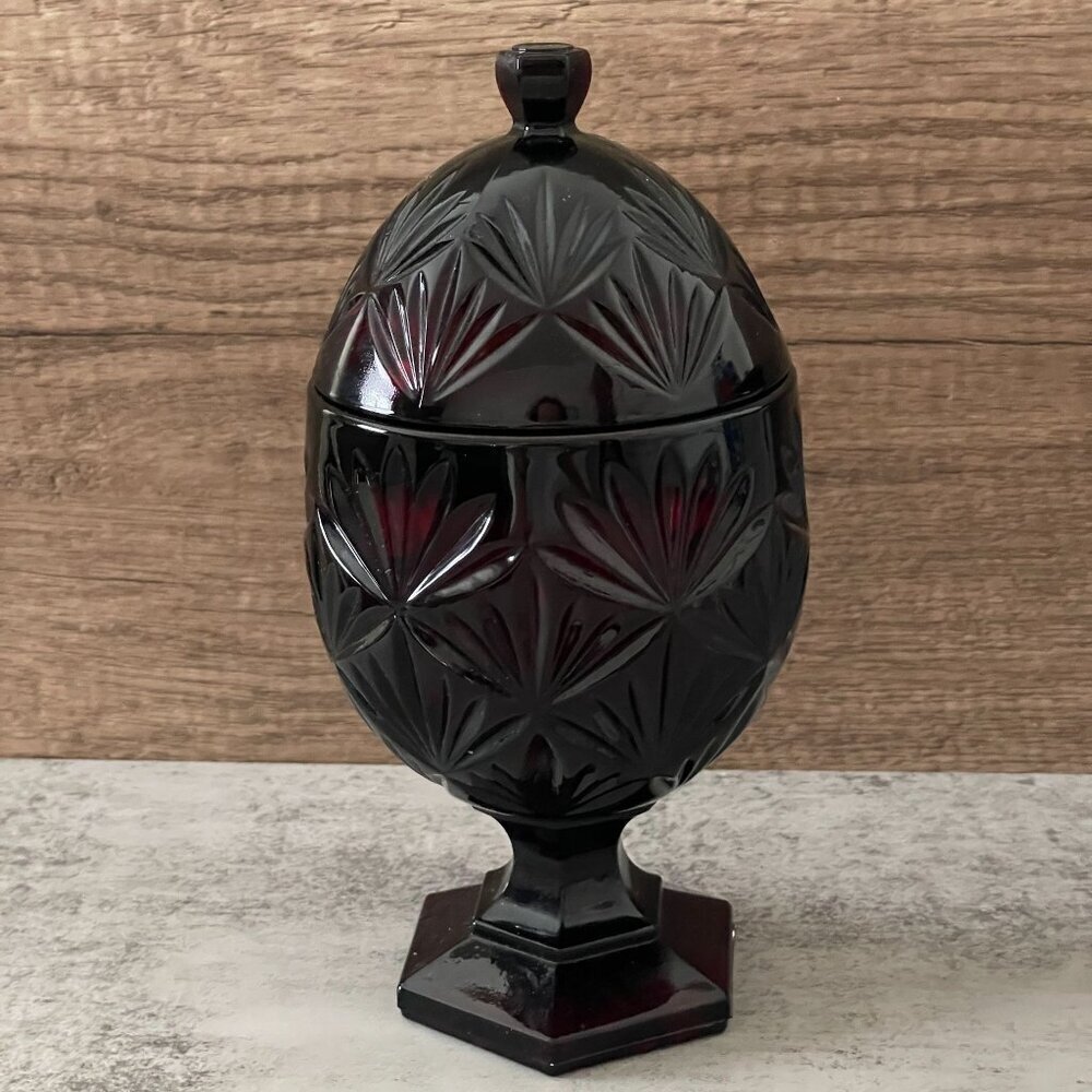 Luminarc Durand France Ruby Red Pressed Cut Glass Pedestal Covered Candy Dish 9"